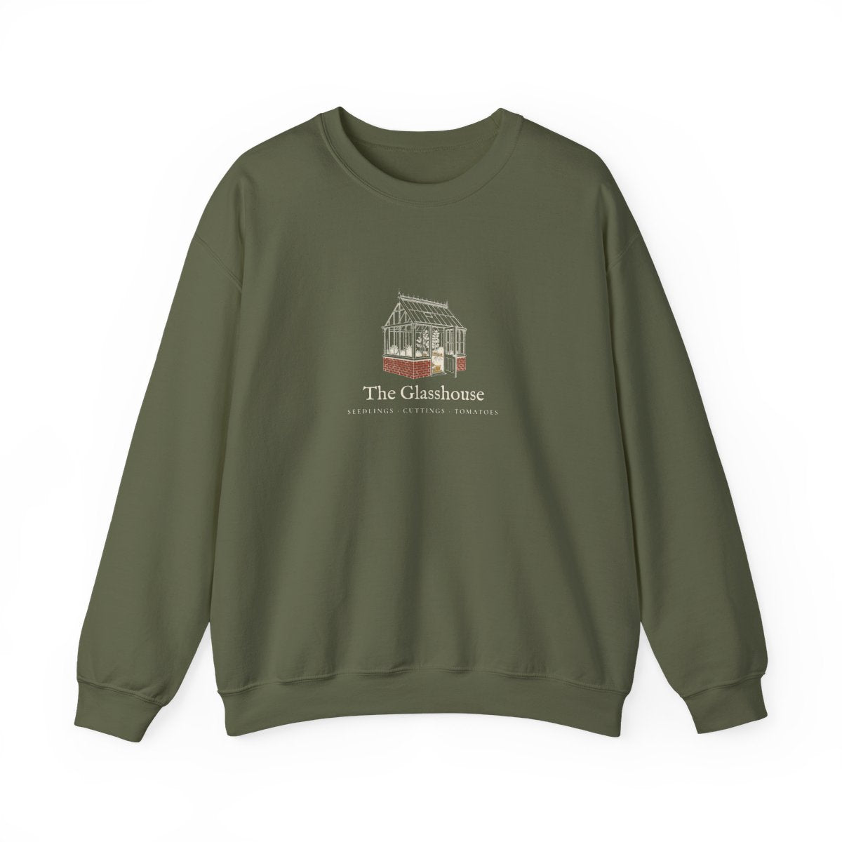 The Glasshouse Crewneck in Military Green, front view