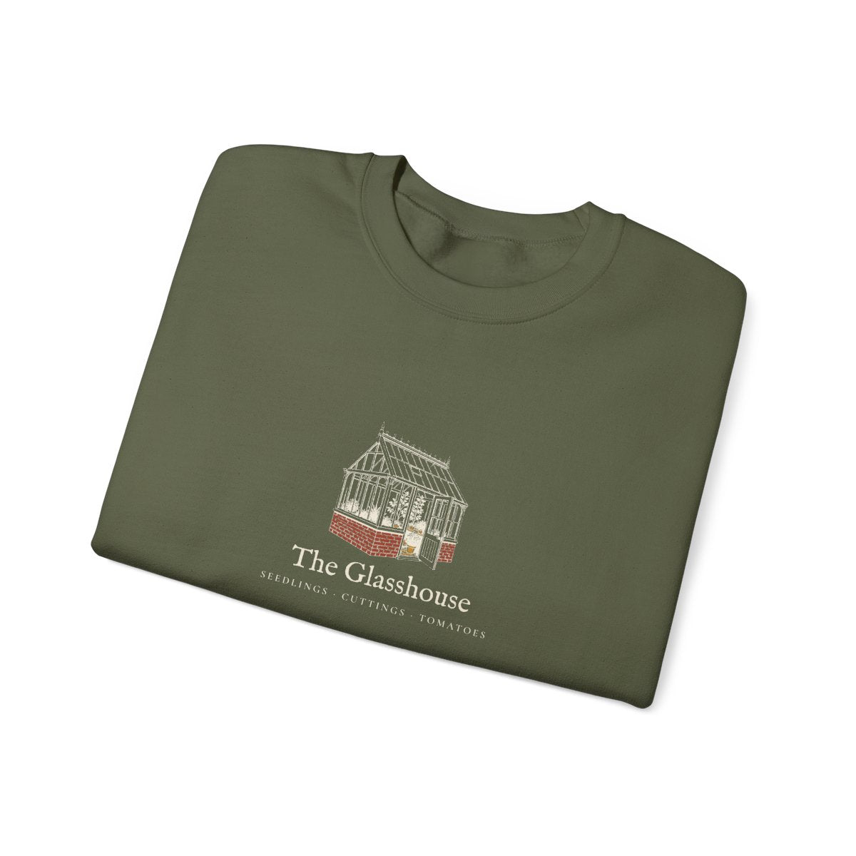 The Glasshouse Crewneck in Military Green, folded