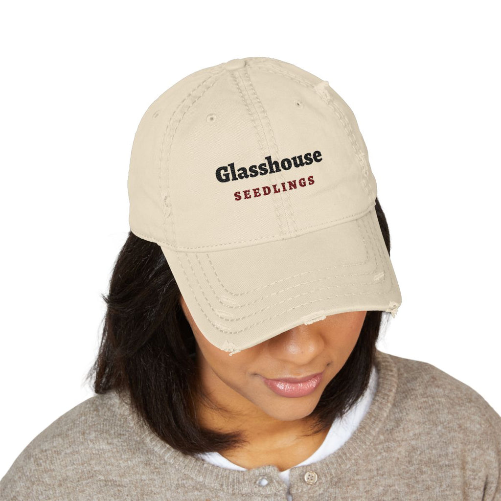 The Glasshouse Dad Hat in Khaki, on model