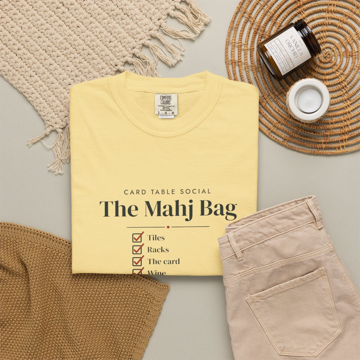 The Mahj Bag Tee in Butter, fabric and print detail