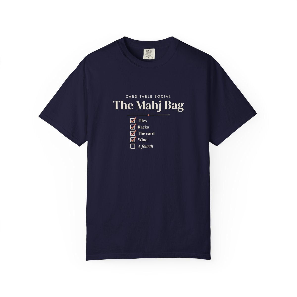 The Mahj Bag Tee in True Navy, front view