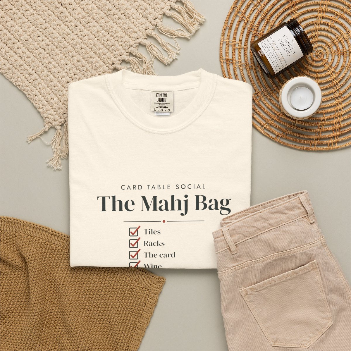 The Mahj Bag Tee in Ivory, fabric and print detail