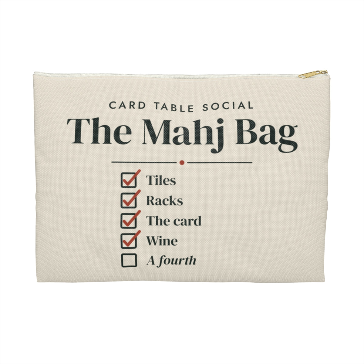 The Mahj Bag Zip Pouch in White zipper, front view