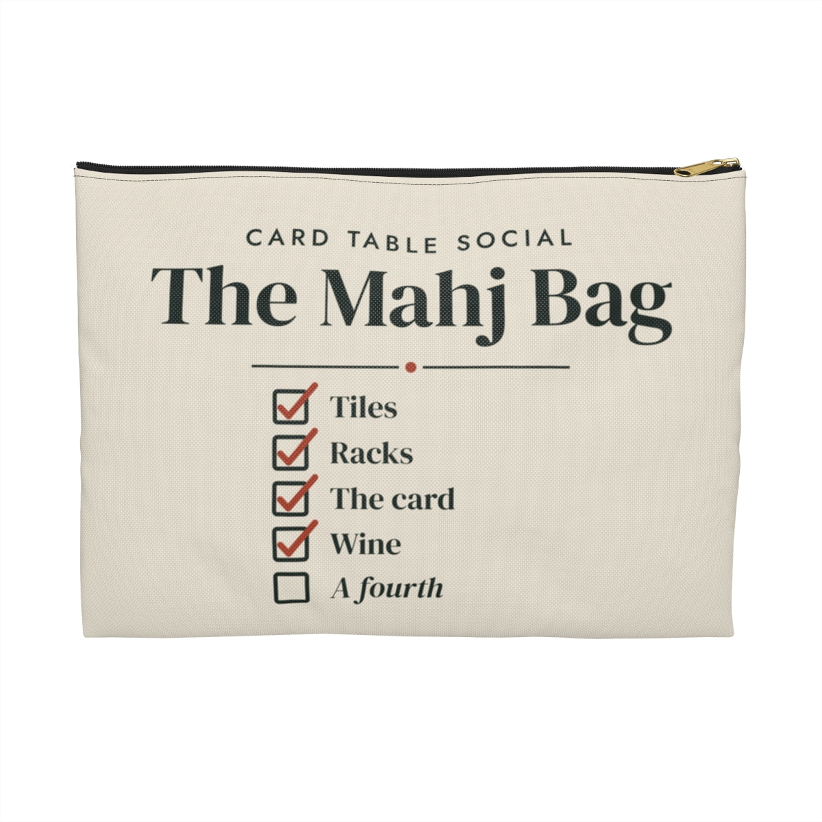 The Mahj Bag Zip Pouch in Black zipper, front view