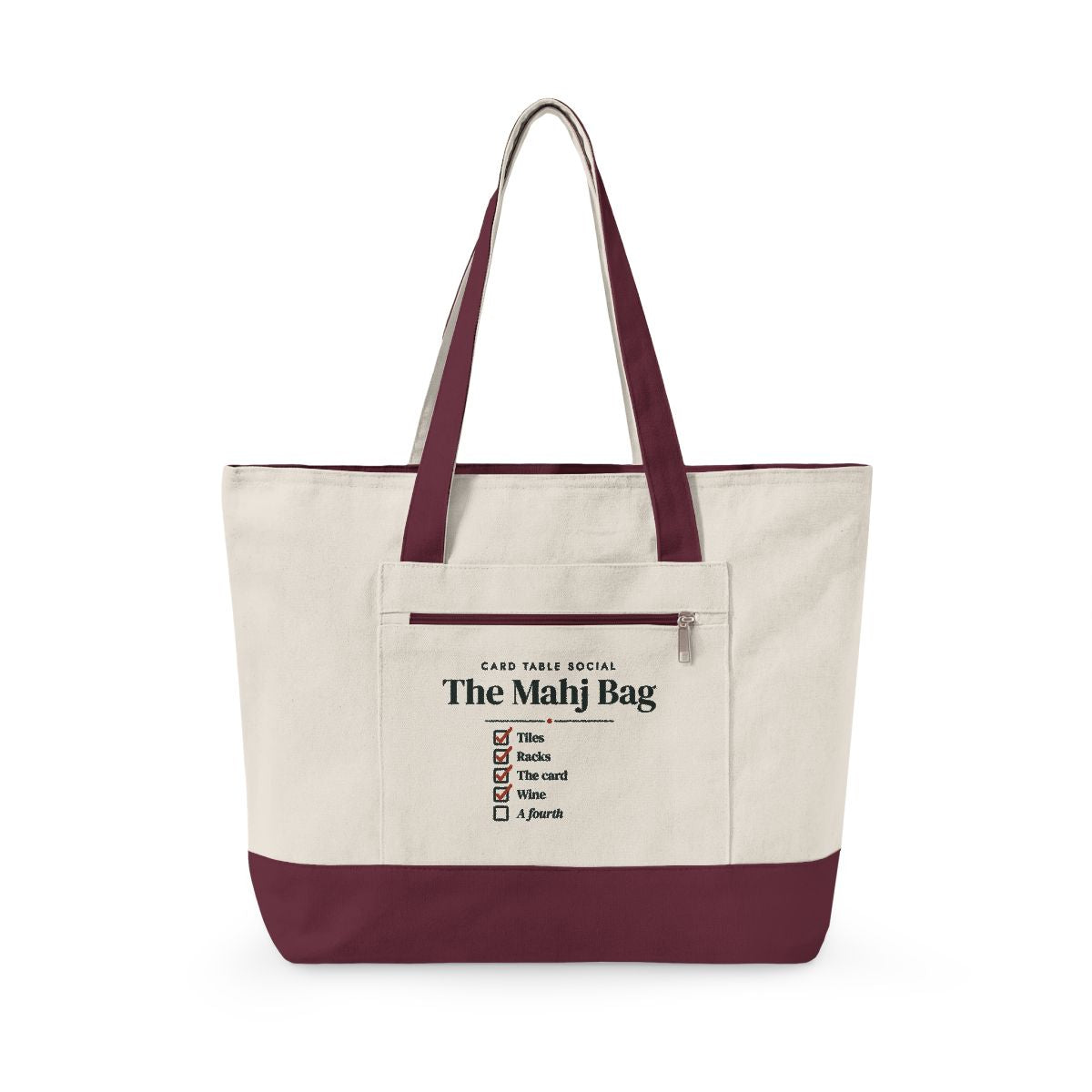 The Mahj Bag in Natural/Maroon, front view