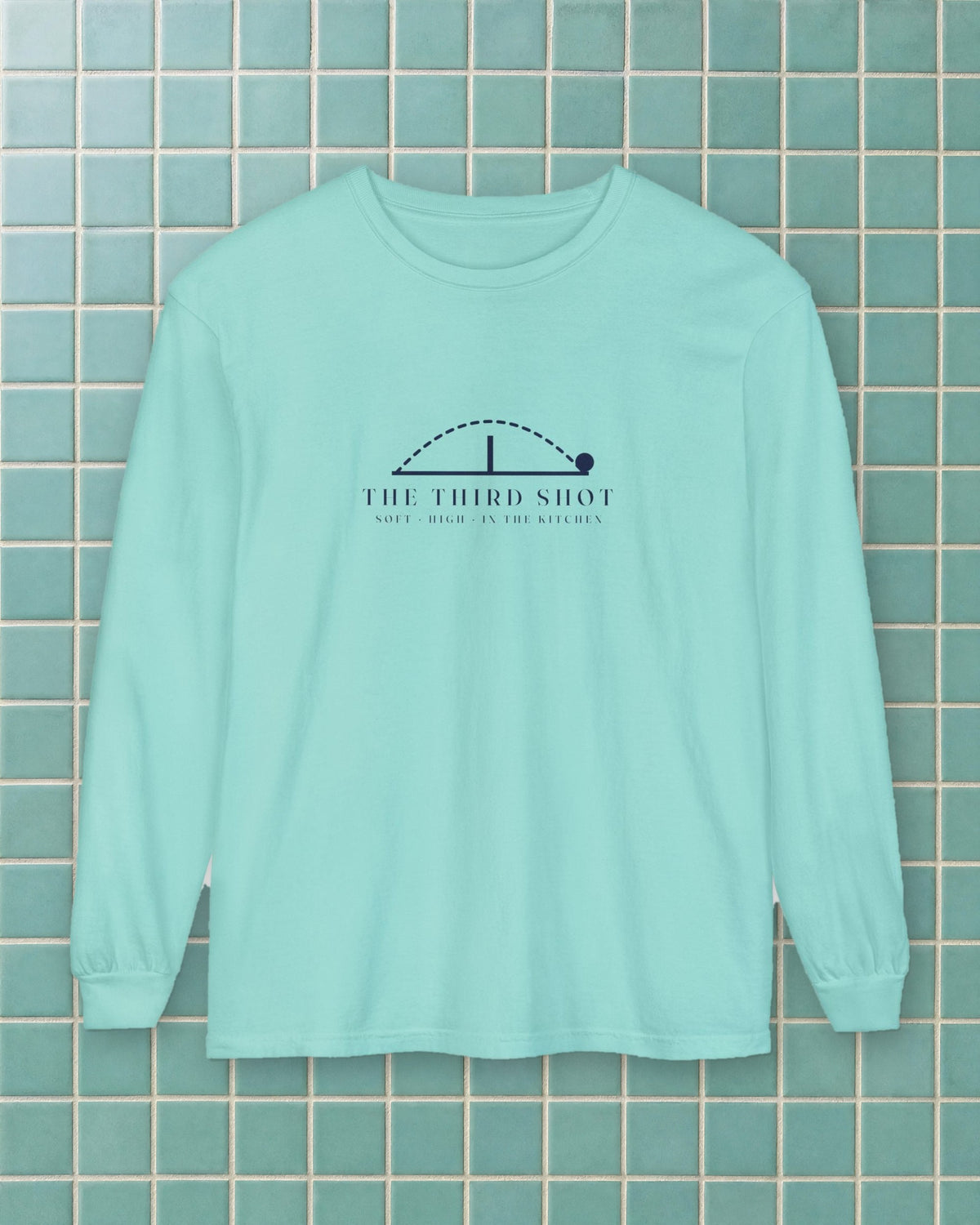 The Third Shot Long Sleeve Tee in Chalky Mint, styled