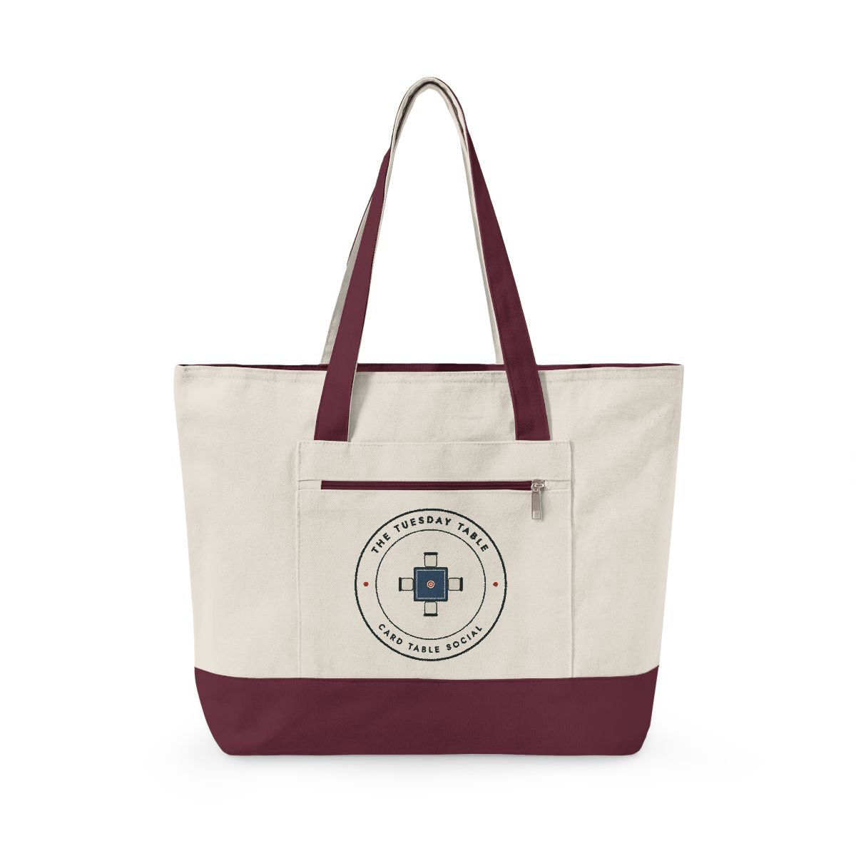 The Tuesday Table Mahj Bag in Natural/Maroon, front view