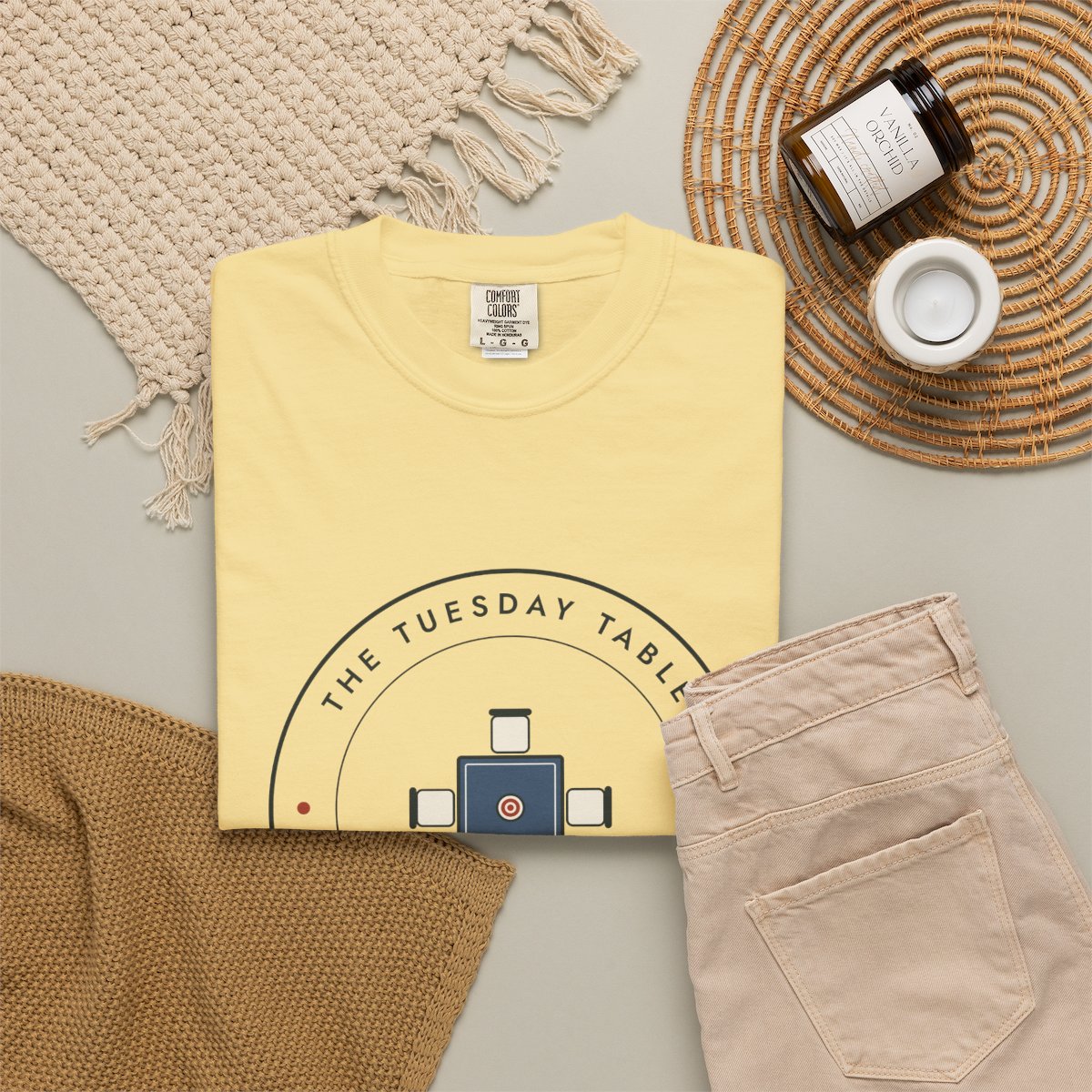 The Tuesday Table Tee in Butter, fabric and print detail