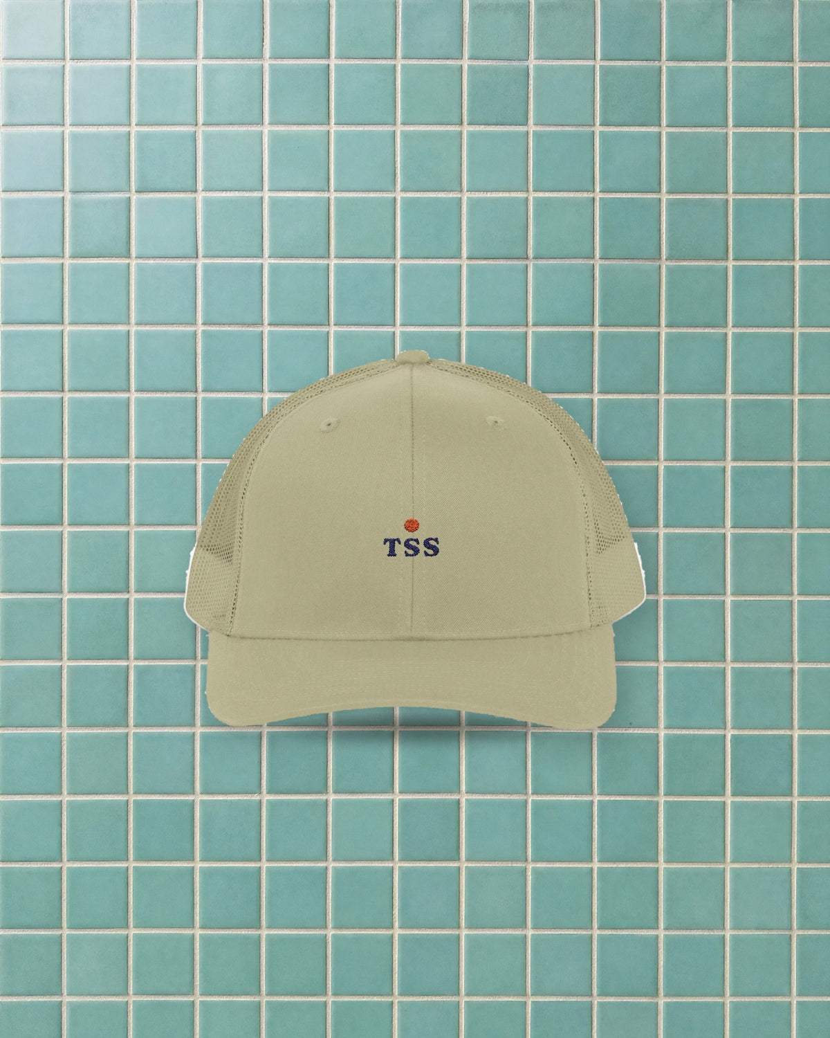 TSS Ball Trucker Hat in Khaki, styled