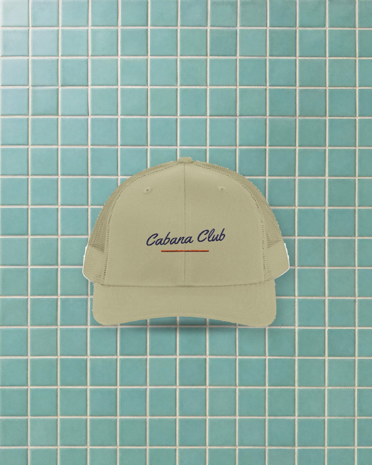 Cabana Club Trucker Hat in Khaki, styled