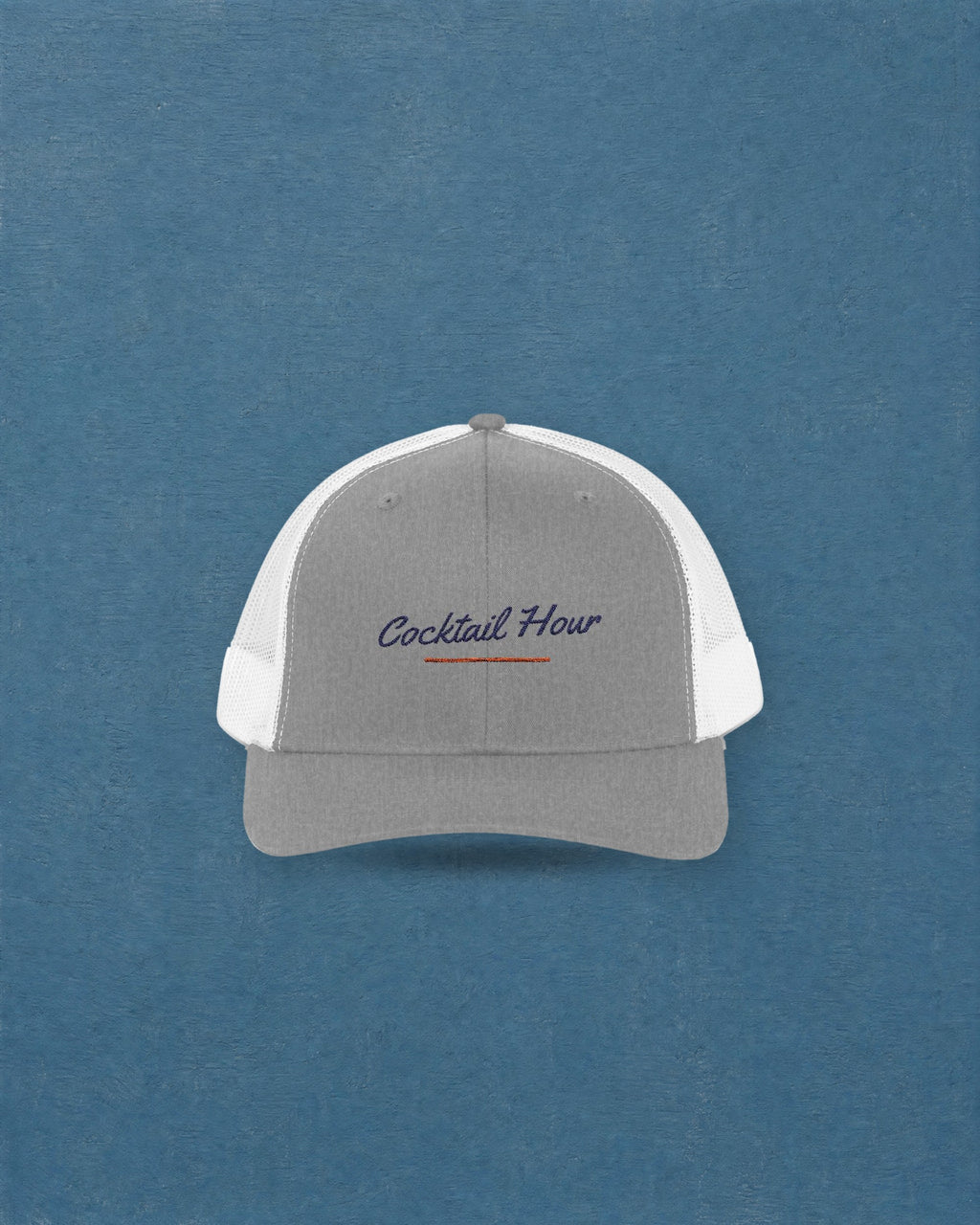Cocktail Hour Trucker Hat in Heather Grey / White, styled