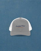 Cocktail Hour Trucker Hat in Heather Grey / White, styled