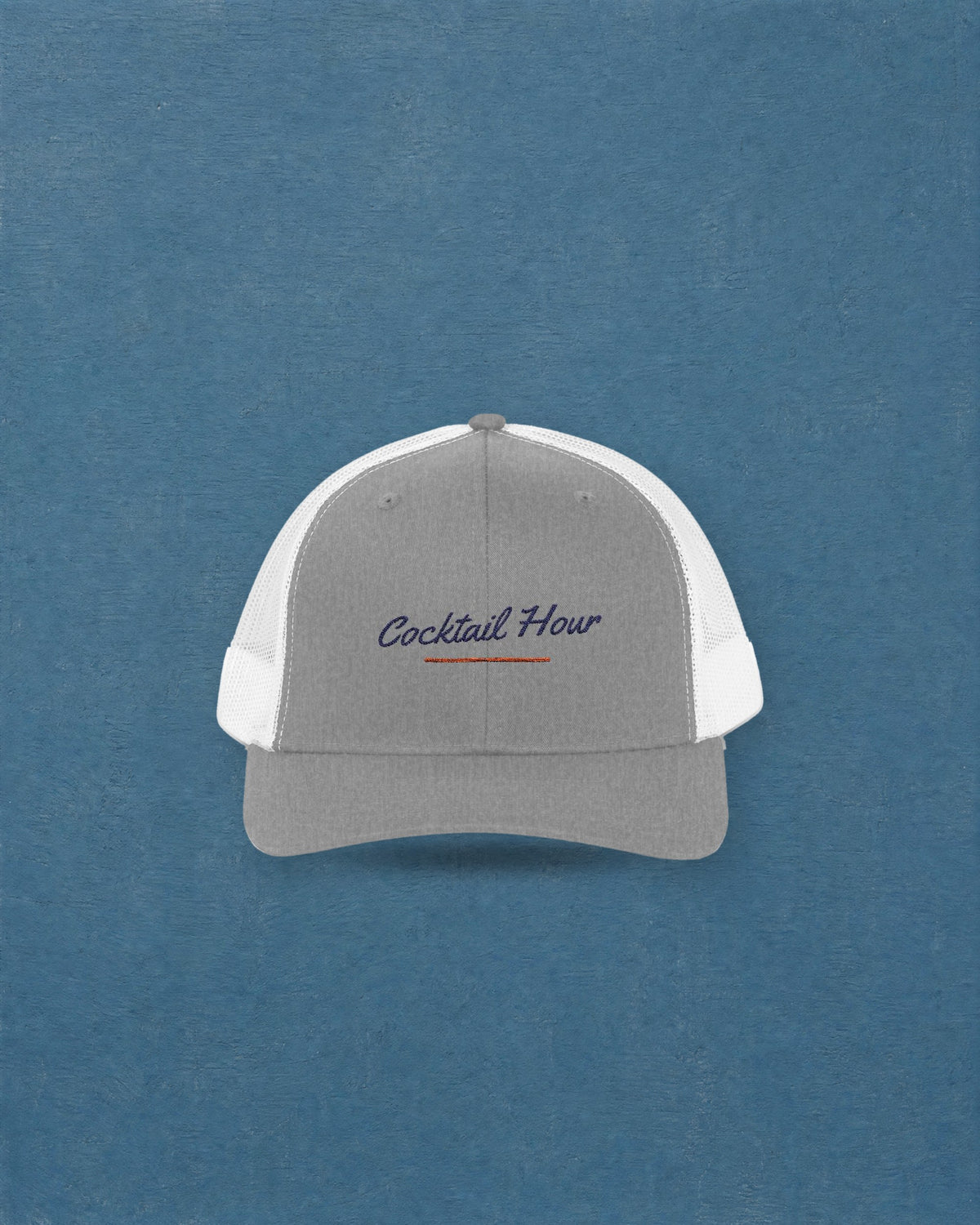 Cocktail Hour Trucker Hat in Heather Grey / White, styled