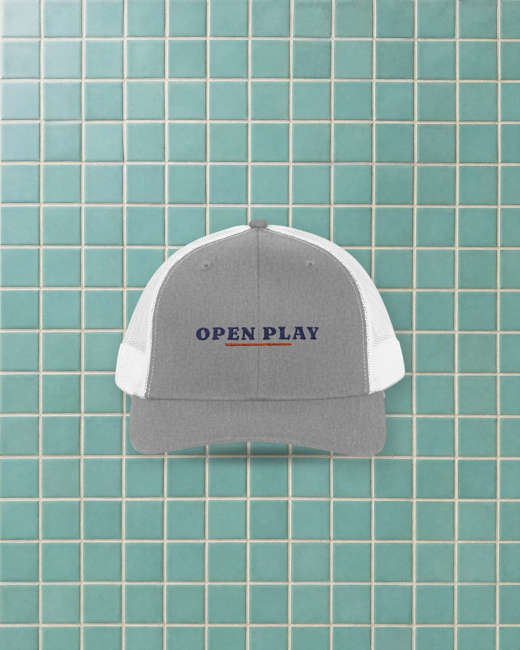 Open Play Trucker Hat in Heather Grey / White, styled