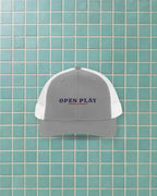 Open Play Trucker Hat in Heather Grey / White, styled