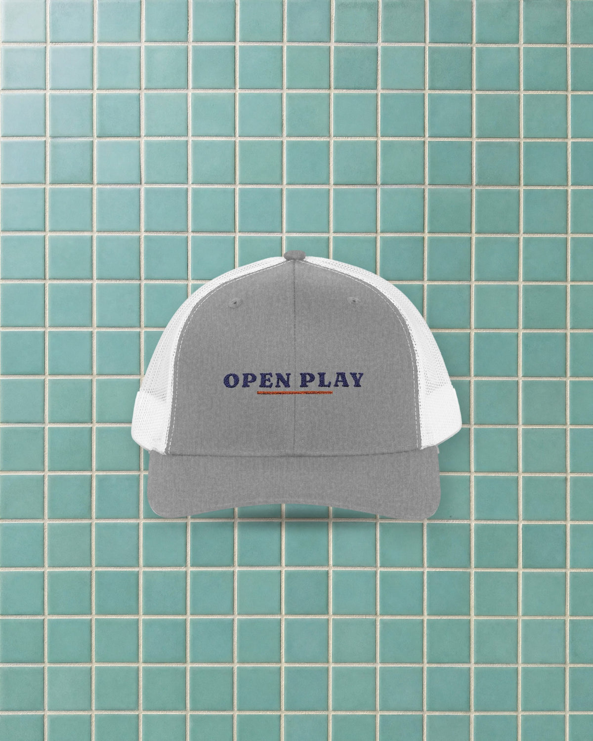 Open Play Trucker Hat in Heather Grey / White, styled