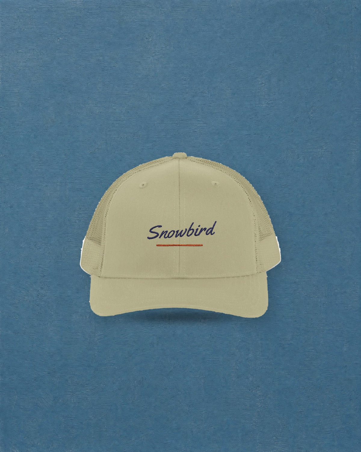 Snowbird Trucker Hat in Khaki, styled