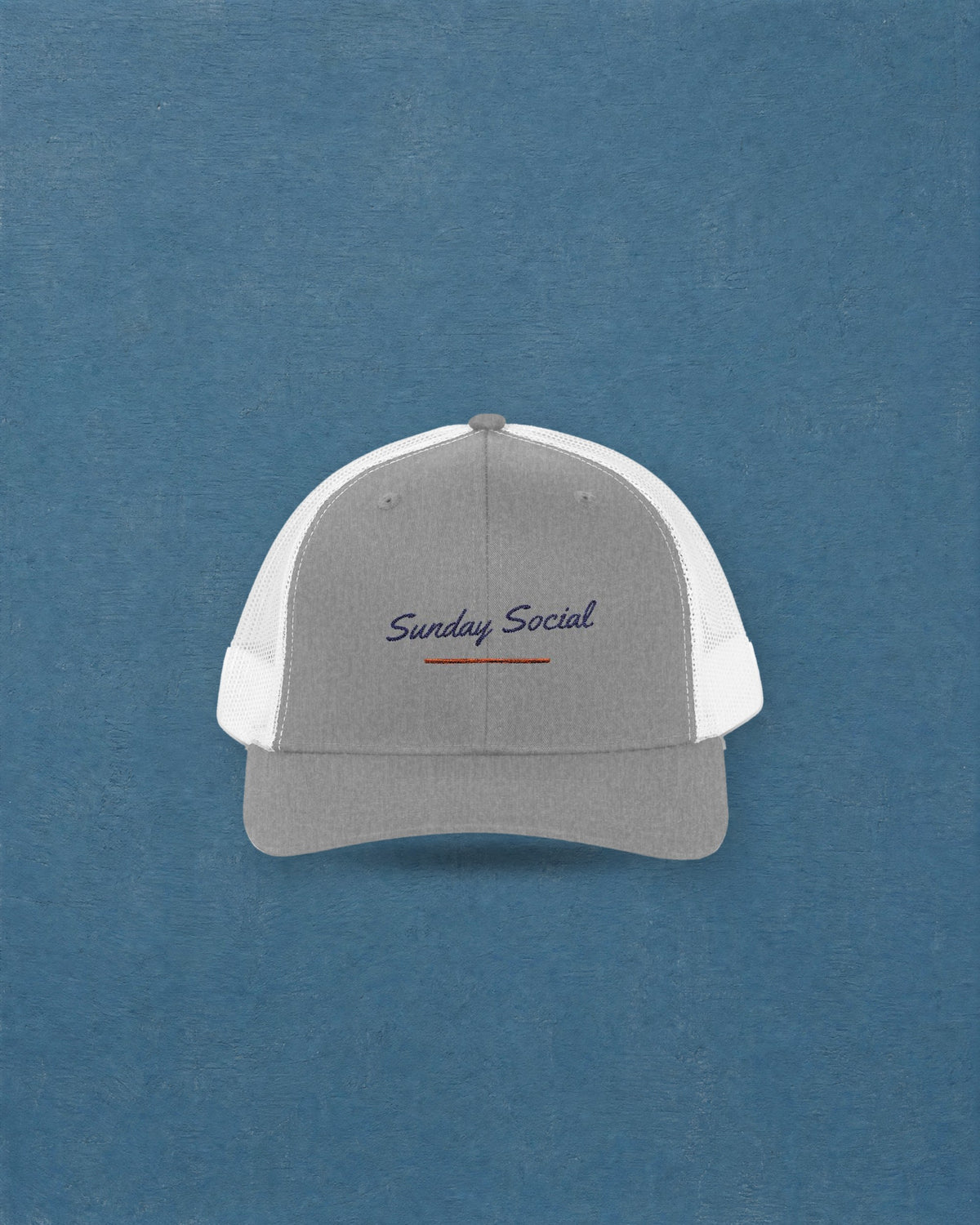 Sunday Social Trucker Hat in Heather Grey / White, styled