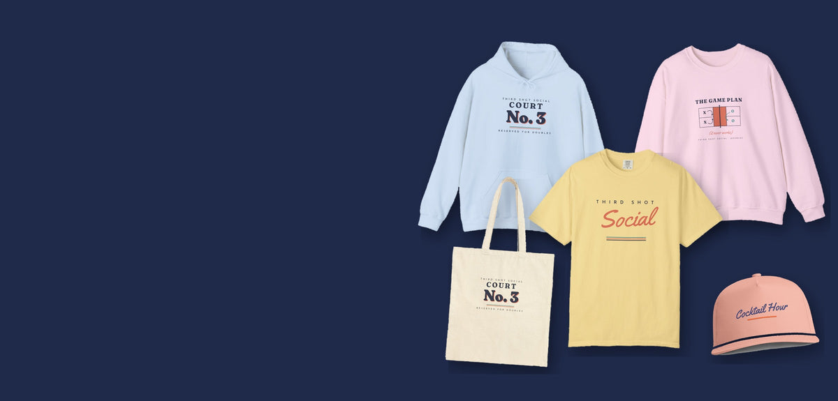 Third Shot Social hero: Court No. 3 Hoodie in Light Blue, The Game Plan Crewneck in Light Pink, Social Tee in Butter, Court No. 3 Tote in Natural and Cocktail Hour Rope Cap in Peachy
