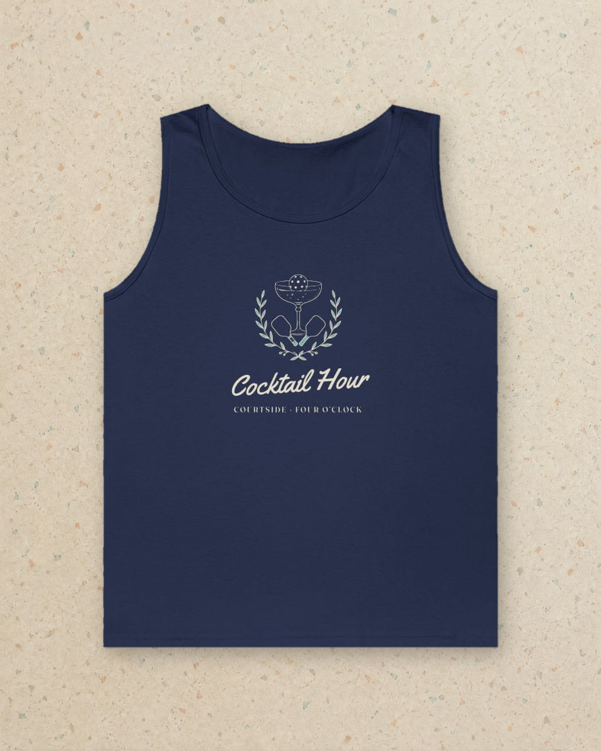 Cocktail Hour Coupe Tank in Navy, styled