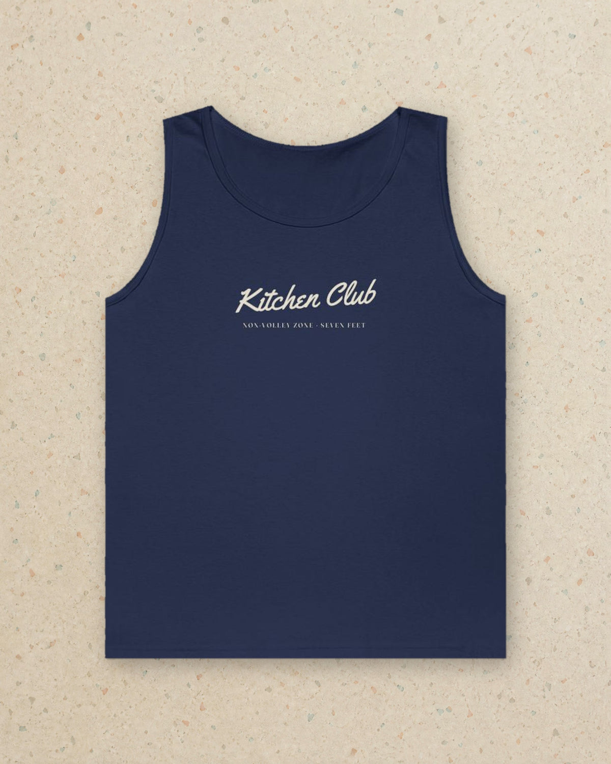 Kitchen Club Script Tank in Navy, styled