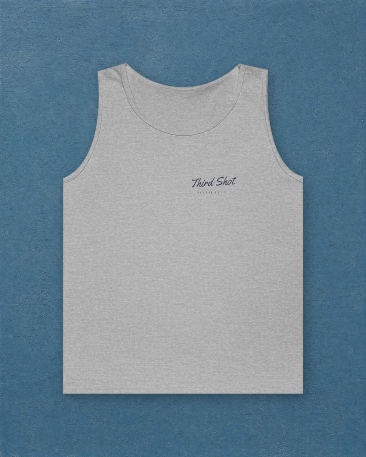 Script Chest Mark Tank in Sport Grey, styled