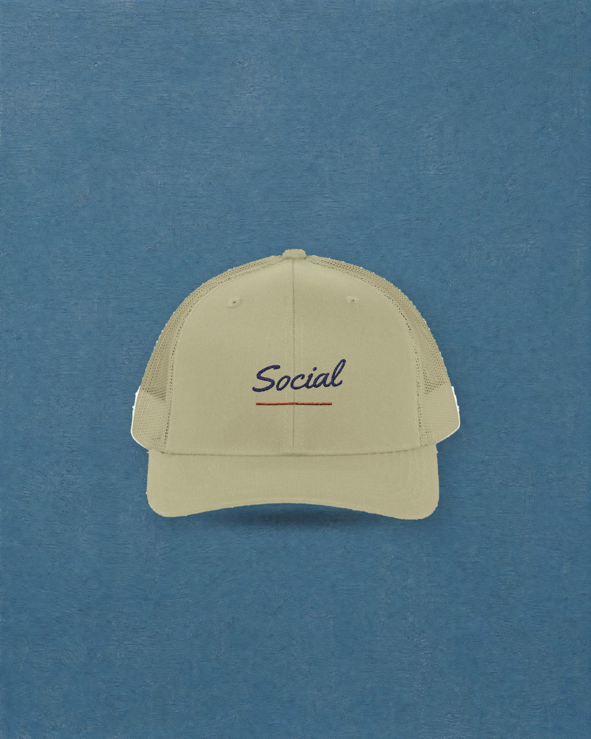 Social Trucker Hat in Khaki, styled