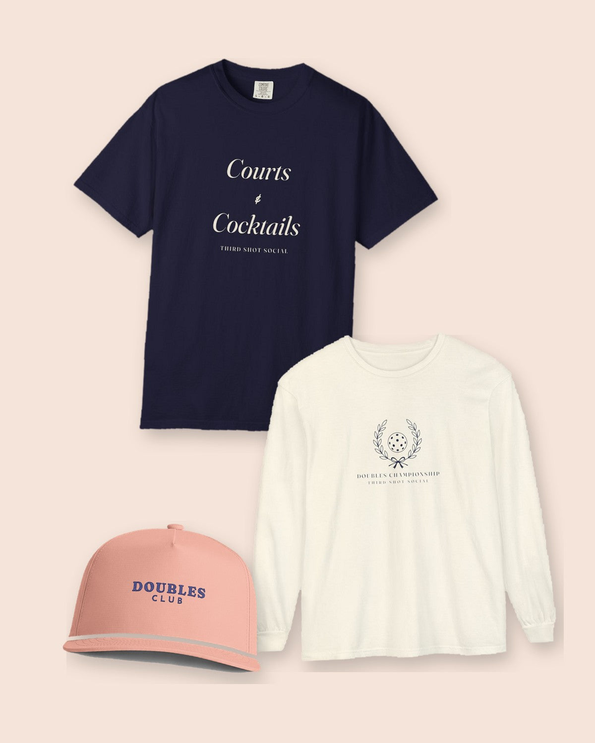 Third Shot Social collection: Courts & Cocktails Italic Tee in True Navy, Laurel Long Sleeve Tee in Ivory and Doubles Club Rope Cap in Peachy
