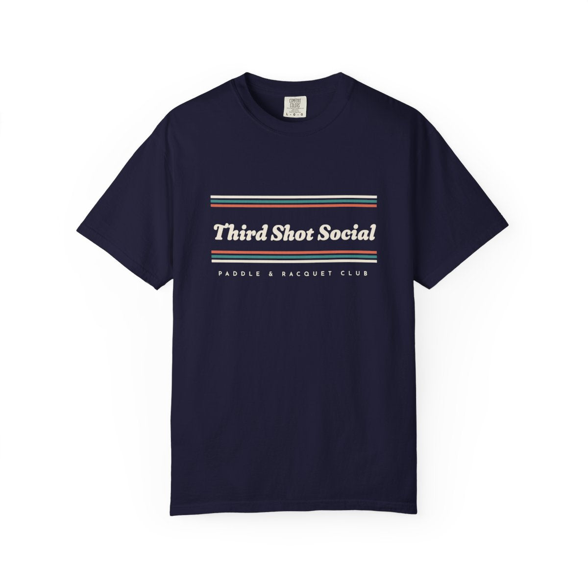 Third Shot Social Stripe Tee in True Navy, front view