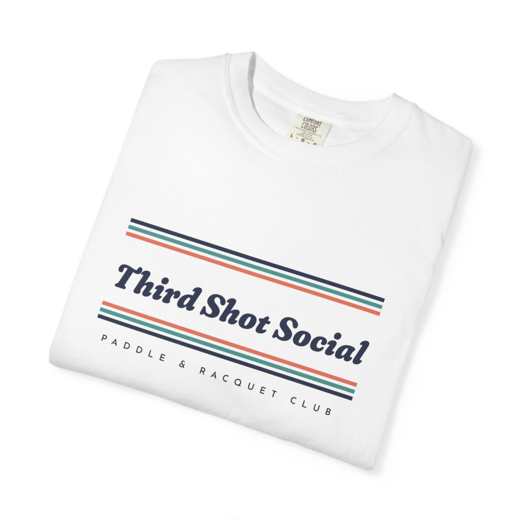 Third Shot Social Stripe Tee in White, folded