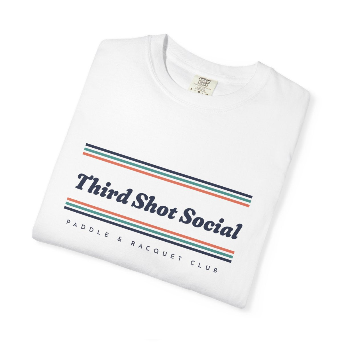Third Shot Social Stripe Tee in White, folded
