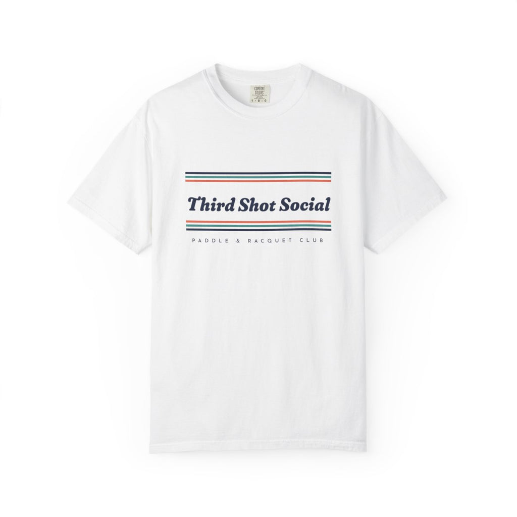 Third Shot Social Stripe Tee in White, front view