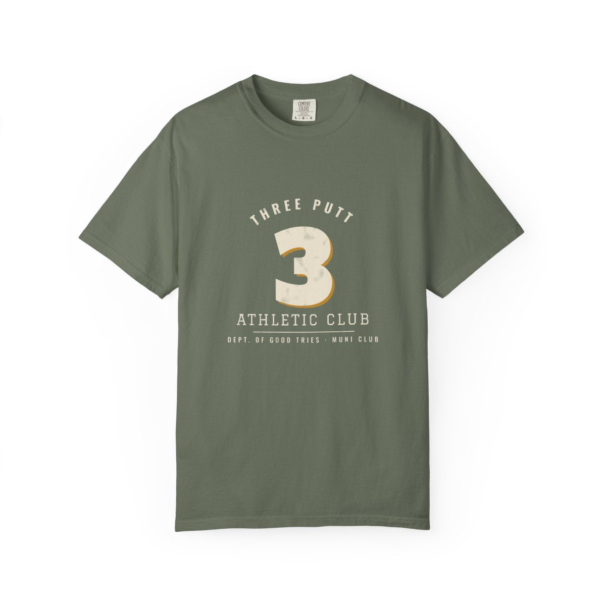 Three Putt Athletic Club Tee in Moss, front view
