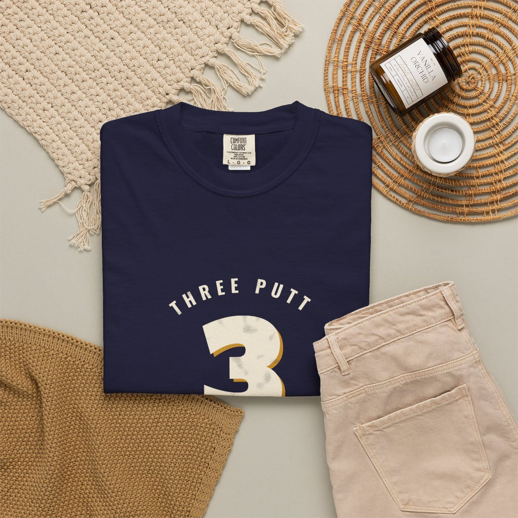 Three Putt Athletic Club Tee in True Navy, fabric and print detail