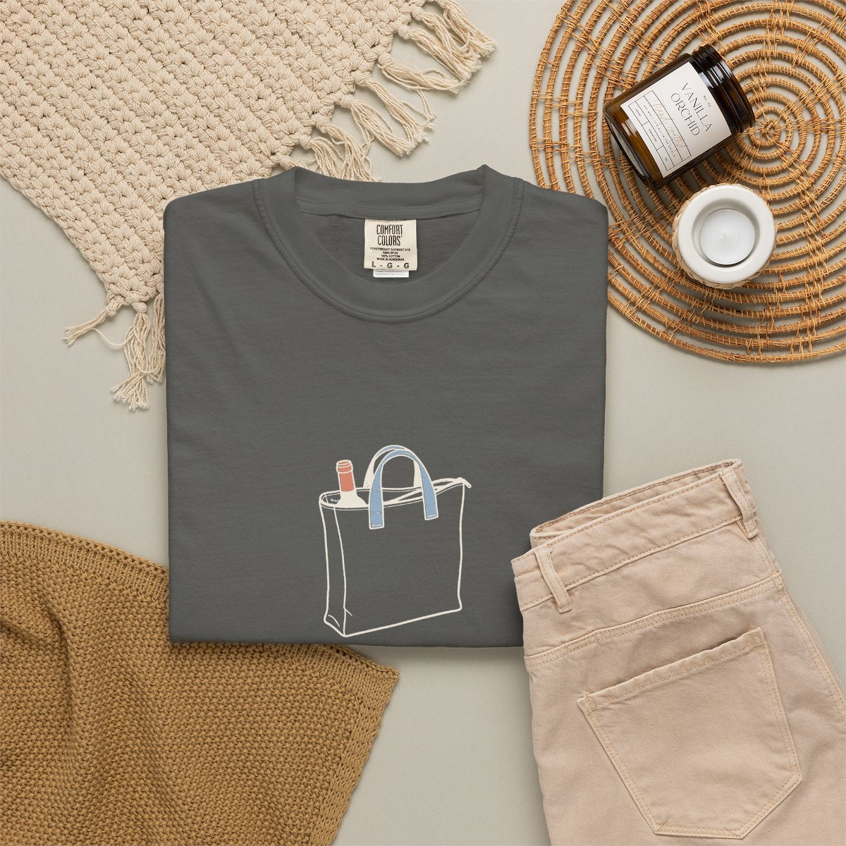 Tiles, Card, Wine Tee in Pepper, fabric and print detail