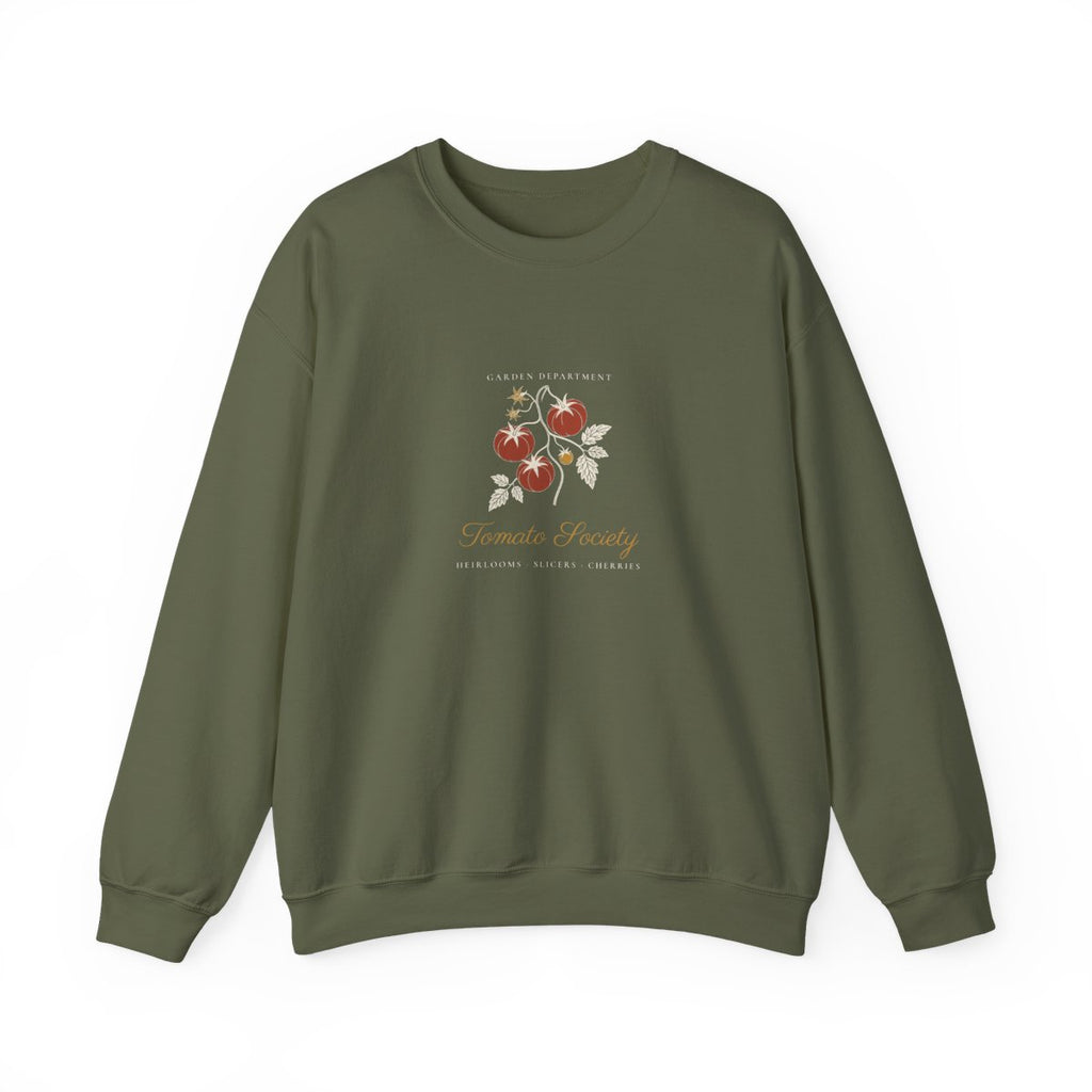 Tomato Society Crewneck in Military Green, front view