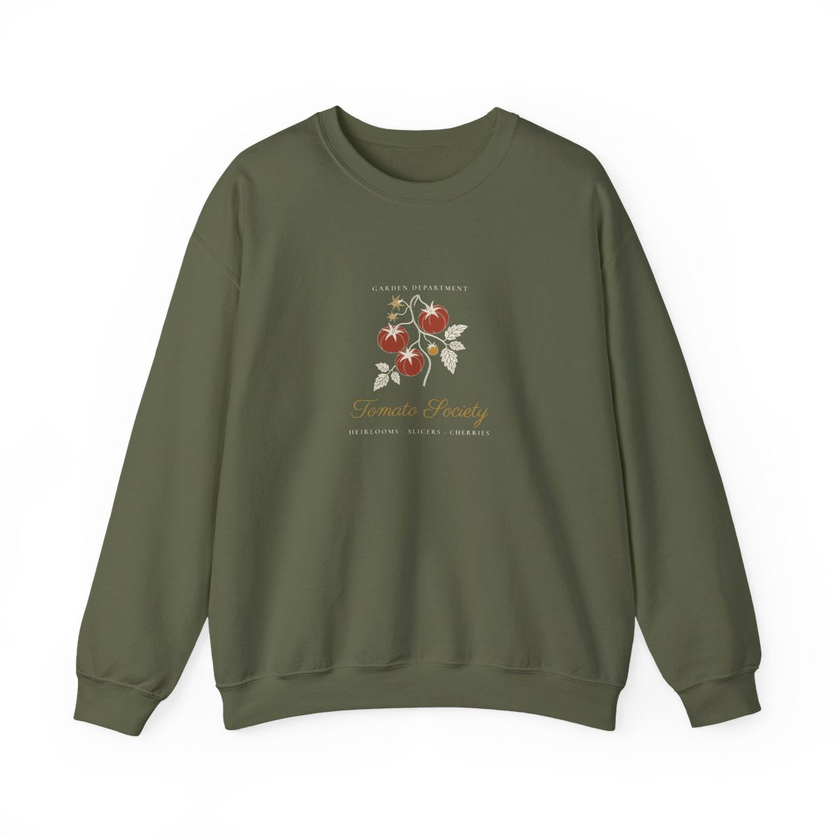 Tomato Society Crewneck in Military Green, front view