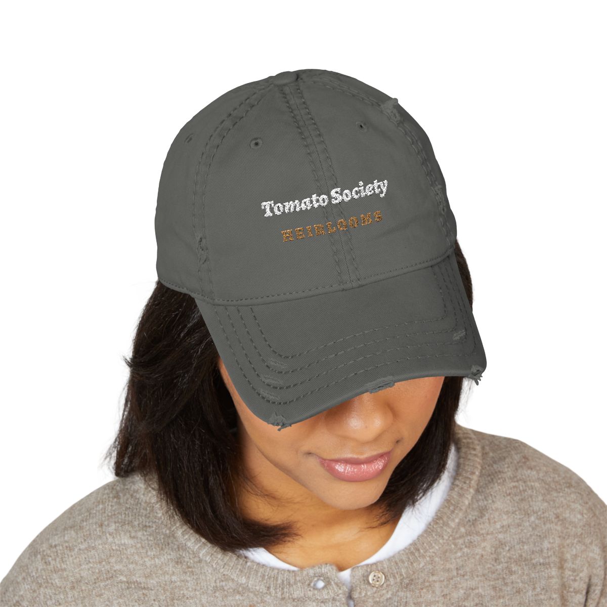 Tomato Society Dad Hat in Charcoal Grey, on model