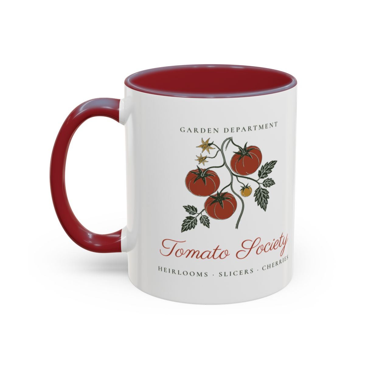 Tomato Society Mug in Maroon, left side