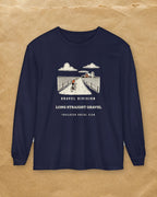 Long Straight Gravel Long Sleeve Tee in True Navy, styled