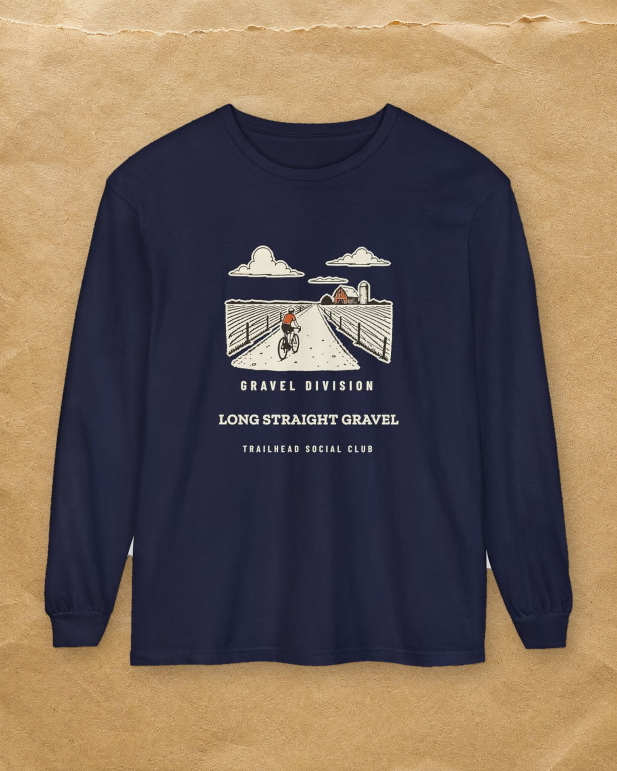 Long Straight Gravel Long Sleeve Tee in True Navy, styled