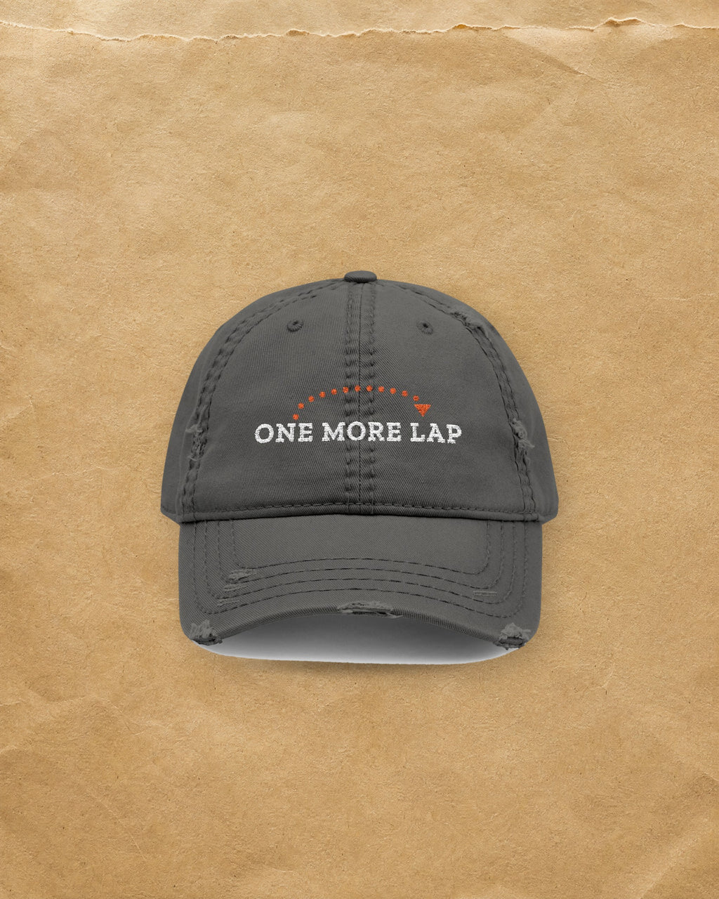 One More Lap Dad Hat in Charcoal Grey, styled