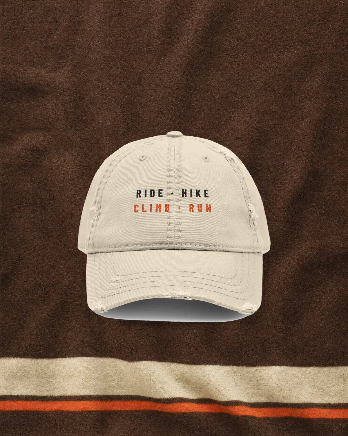 Ride Hike Climb Run Dad Hat in Khaki, styled
