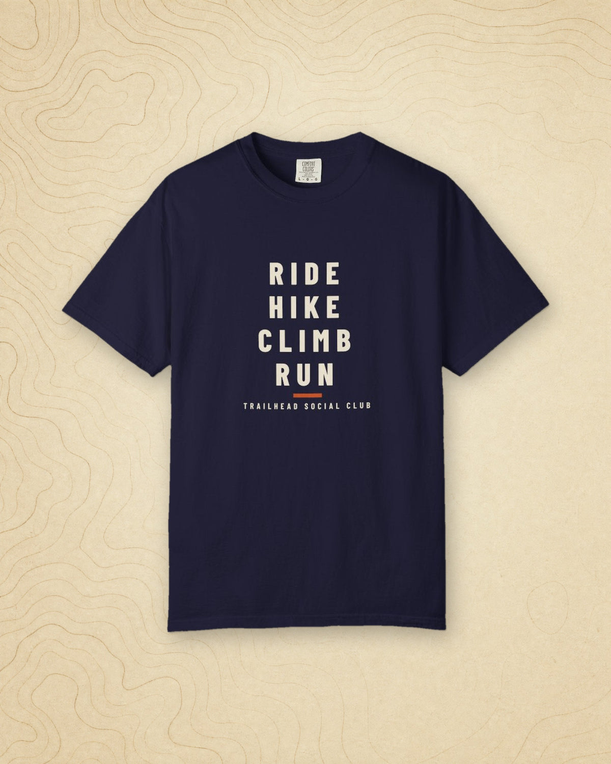 Ride Hike Climb Run Tee in True Navy, styled