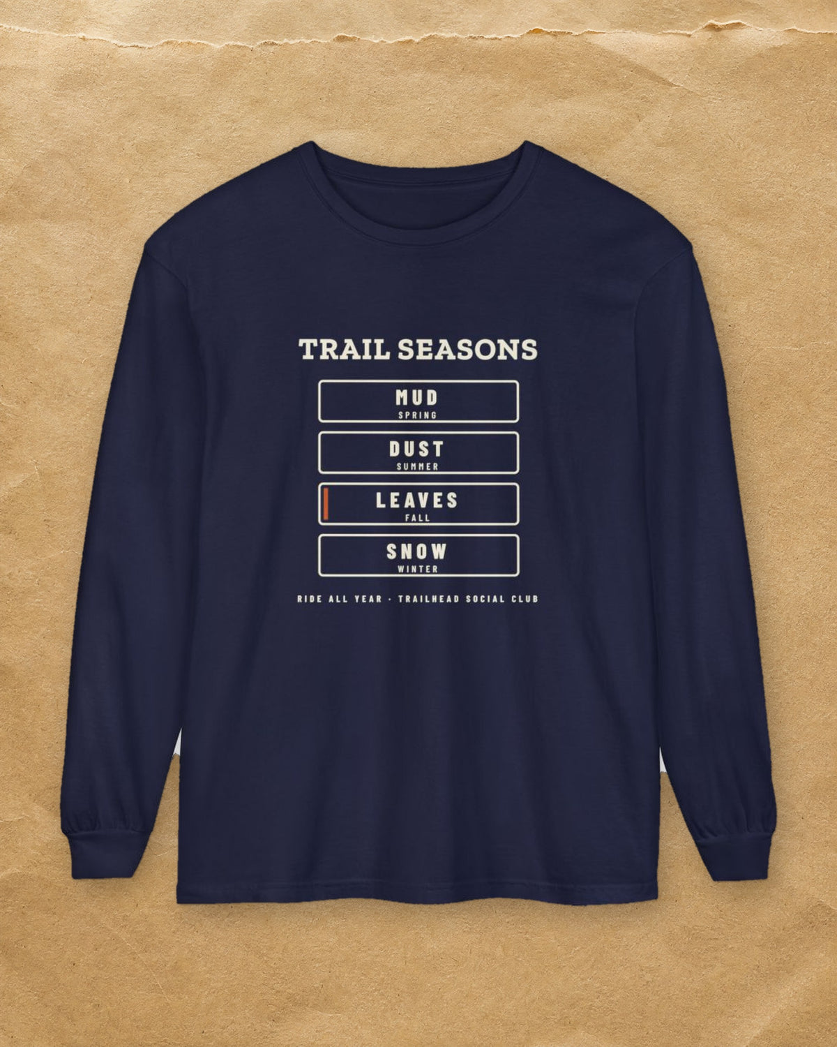 Trail Seasons Long Sleeve Tee in True Navy, styled