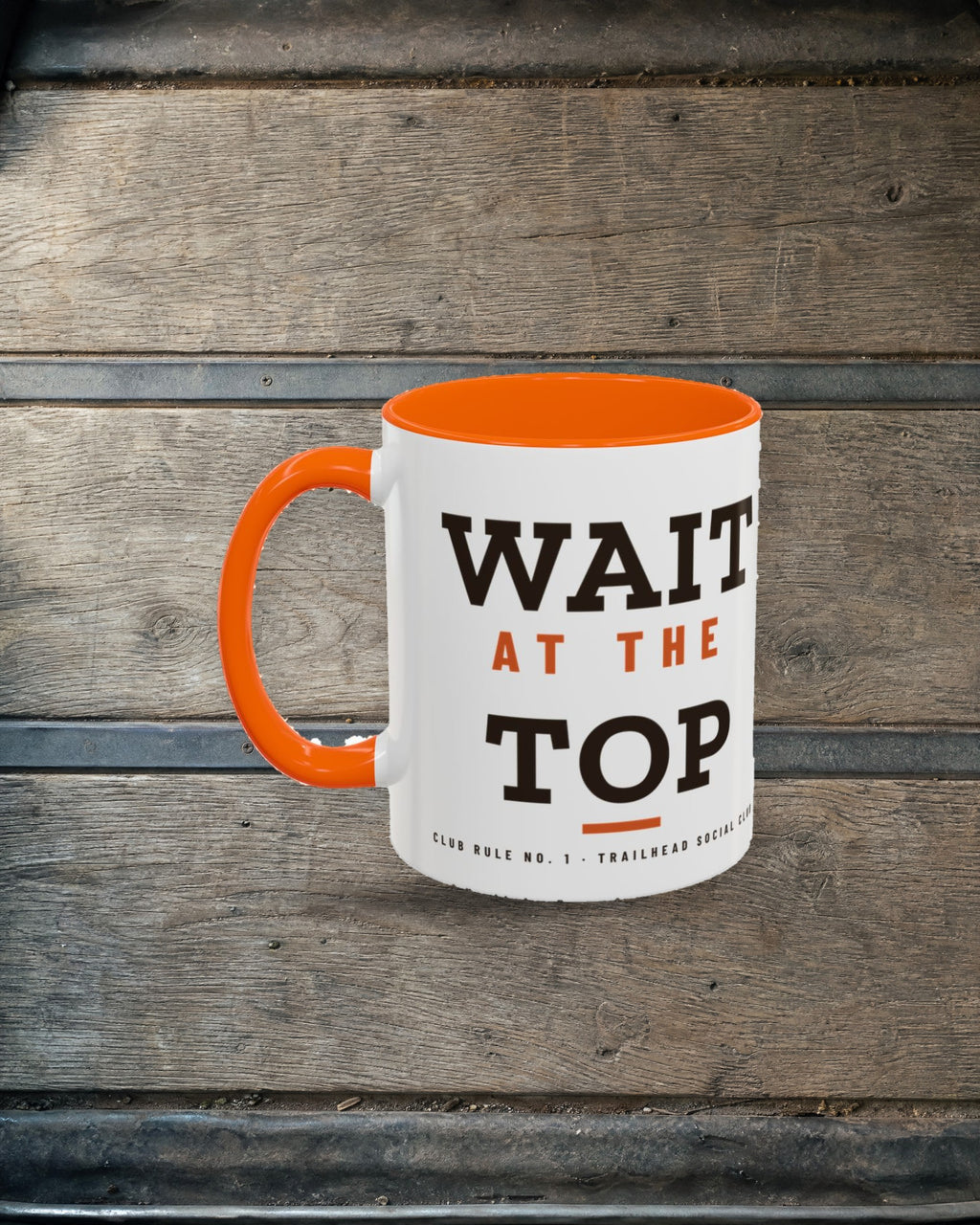 Wait at the Top Mug in Orange, styled