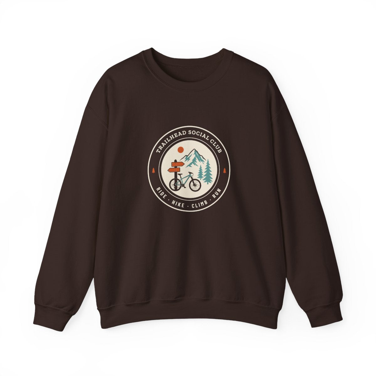 Trailhead Social Club Crewneck in Dark Chocolate, front view