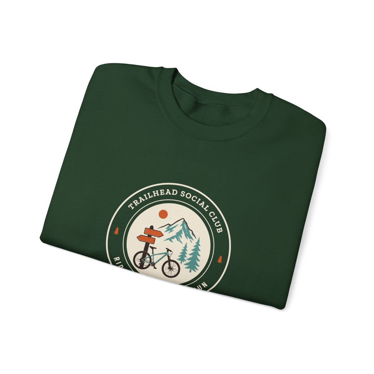 Trailhead Social Club Crewneck in Forest Green, folded