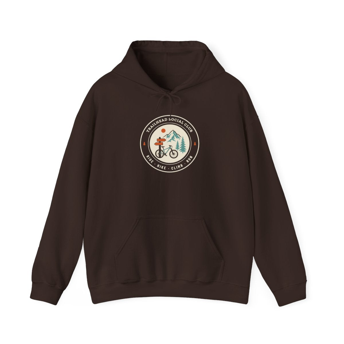 Trailhead Social Club Hoodie in Dark Chocolate, front view