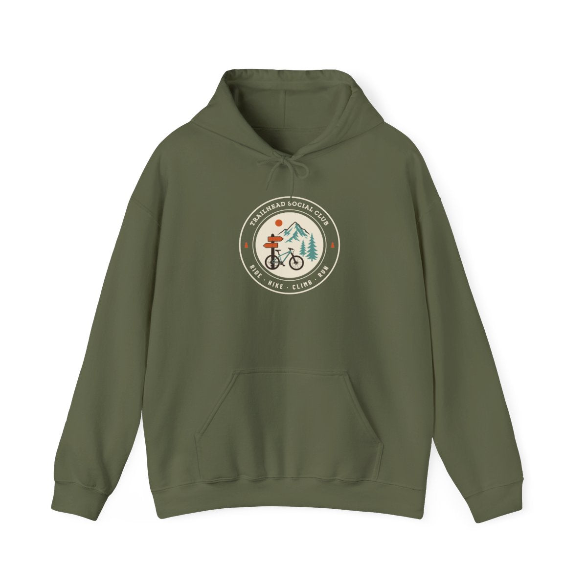 Trailhead Social Club Hoodie in Military Green, front view